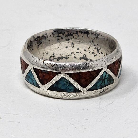 Vintage Sterling Silver Genuine Turquoise & Coral Navajo Native American Ring - Picture 2 of 4